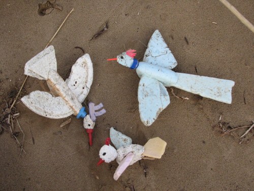 Styro-birds on the sand