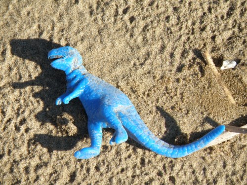 small, blue plastic T.-rex, Dec. 2011