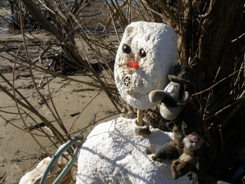 Styro-Snowman bust with found plush "friend", Dec. 2011