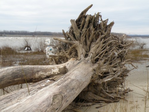 Styro-figure on top of stranded tree, Jan. 2013