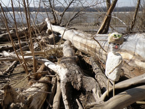 Figure with bear hat at the Falls of the Ohio, Feb. 2013