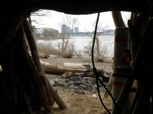 distant view of downtown Louisville from inside tree fort, April 2013