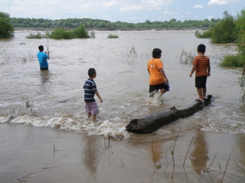 Family fishing for catfish, Falls of the Ohio, July 2013
