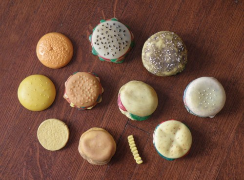 plastic hamburgers and cheeseburgers with one plastic crinkle cut french fry, Nov. 2013