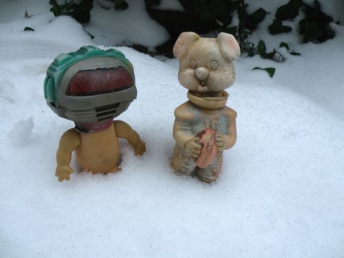 RoboBoy and Pigskin Pete in snow at the Park of Misfit Toys, Dec. 2013