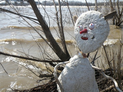 Large Styro-figure on a tiny willow island, March 2014