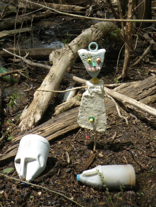 Styro-figure with white plastic bleach bottles, Falls of the Ohio, May 3, 2014
