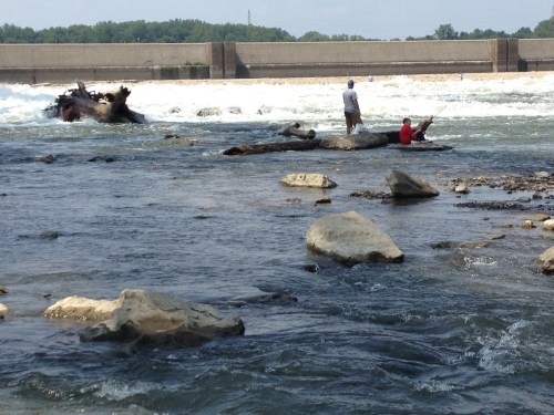 people fishing at the Falls of the Ohio, Aug. 2014