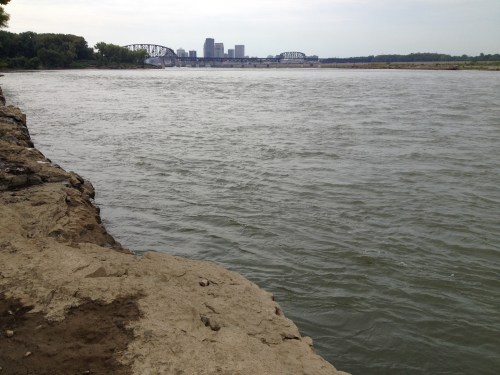 Distant view of Louisville skyline as seen from Falls of the Ohio, Sept. 2014