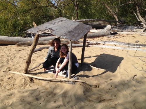 Girls posed under their improvised shelter, Falls of the Ohio, Oct. 2014