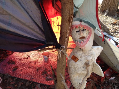 Shark Shepard by improvised tent, Falls of the Ohio, Dec. 2014
