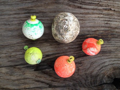 Styrofoam fishing floats and old Styrofoam Christmas ornament, Falls of the Ohio, Dec. 2014