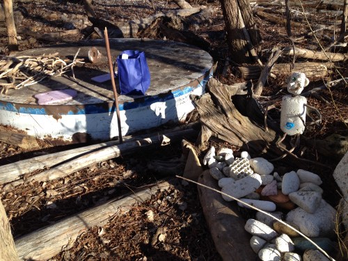 Figure at my outdoor art site, Falls of the Ohio, Jan. 2015