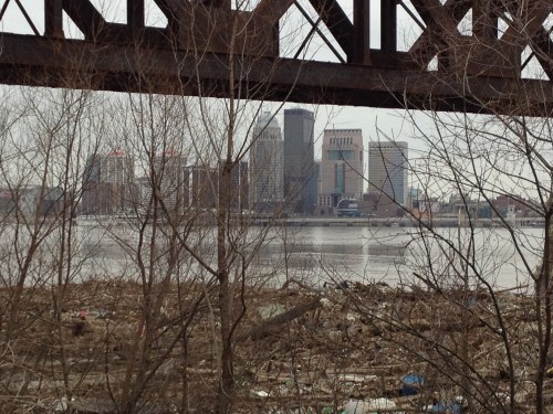 View of Louisville as seen from under the railroad bridge at the Falls of the Ohio, March 9, 2015