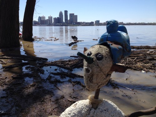 Shoe Shaman of the Big Blue Nation with the skyline of Louisville across the river, April 2015