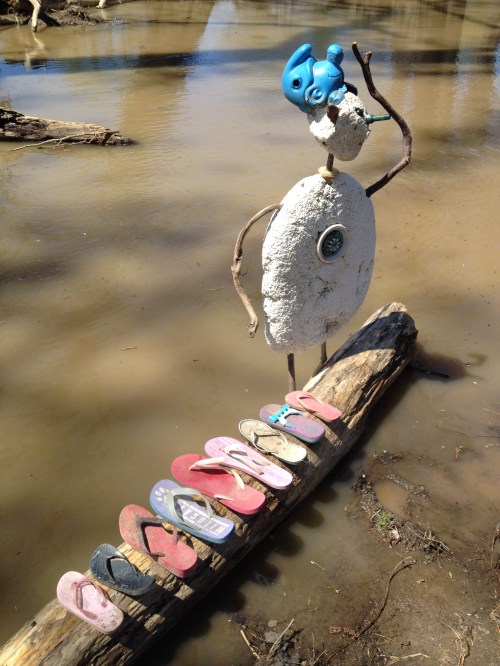 Shoe Shaman of the Big Blue Nation and altar, Falls of the Ohio, April 2015