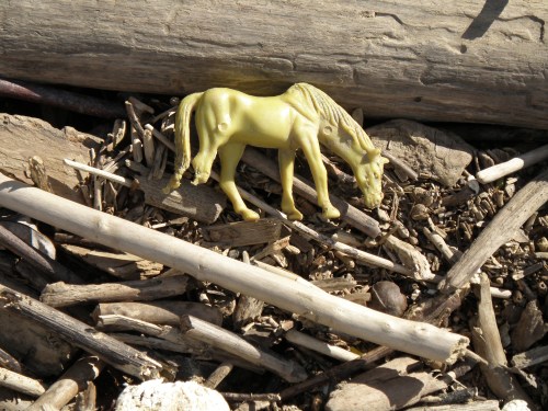 Small yellow plastic horse with chewed off leg, Falls of the Ohio