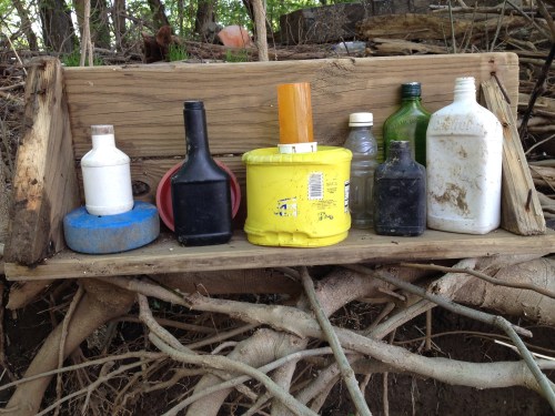 Shelf with Colorful Objects, found objects, Falls of the Ohio, May 2015