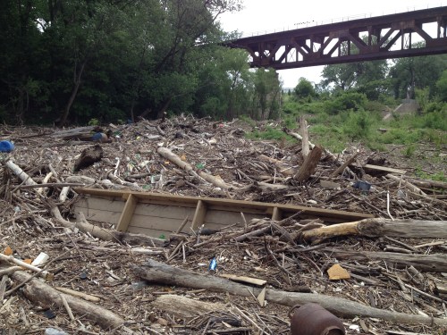 Destroyed boat dock on the driftwood pile, Falls of the Ohio, May 2015