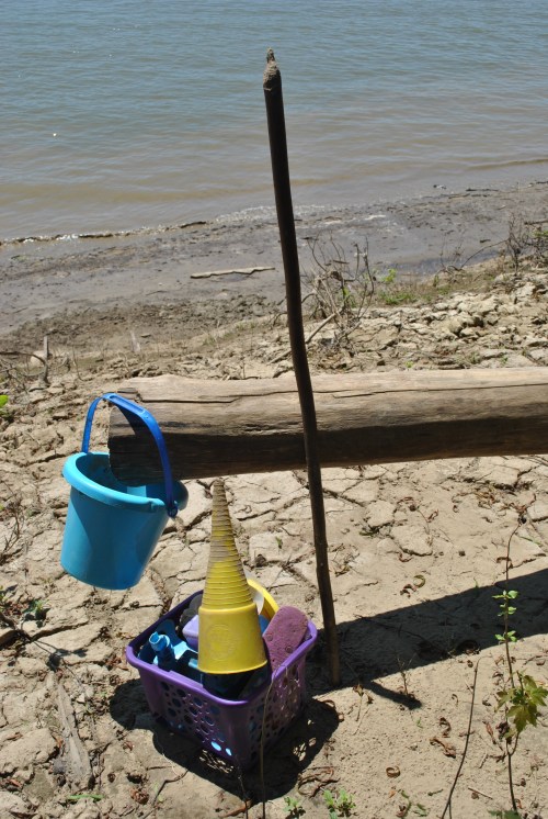 My walking stick and found plastic items, early August, 2015, Falls of the Ohio
