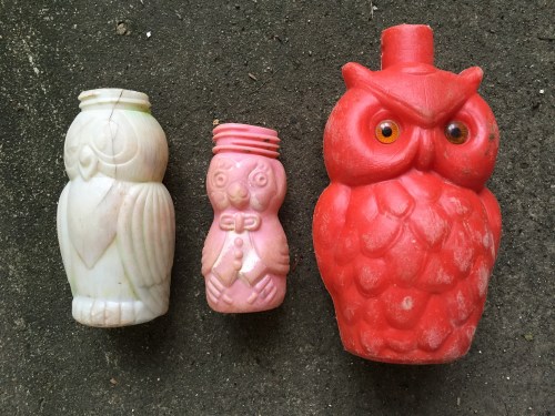 Three different plastic owl bottles, Falls of the Ohio, 2015