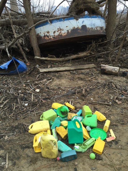 Massed yellow and green plastic, Falls of the Ohio, Jan. 2016