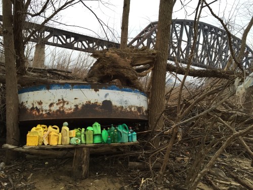 Arrangement in Yellow and Green Plastic by the old railroad bridge., Falls of the Ohio, Jan. 2016