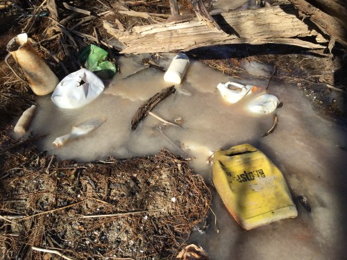 Plastic containers frozen in ice, Falls of the Ohio, Jan. 18, 2016