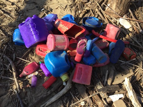 Random, found plastic in red, purple, and blue, Falls of the Ohio, Jan. 18, 2016